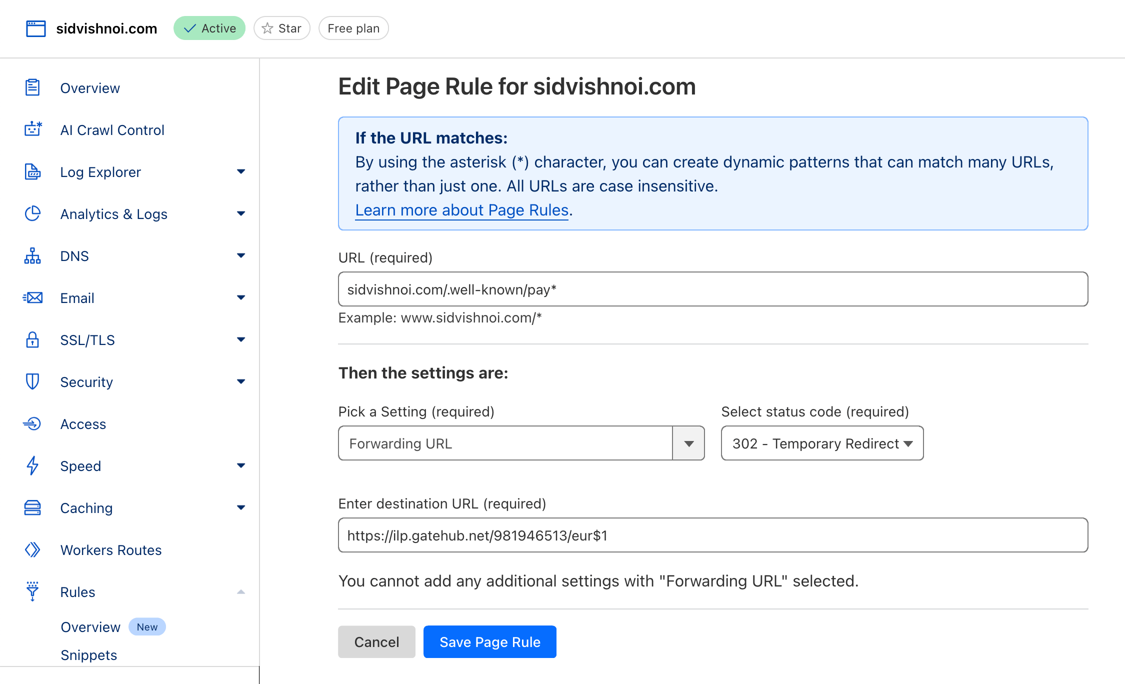 Screenshot showing Cloudflare dashboard with the Page rule editor showing setup of my domain using a redirect to my GateHub wallet